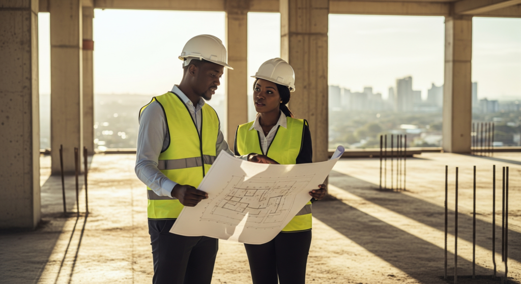 Two professional contractors reviewing blueprints on a high-rise project, illustrating the importance of comprehensive Construction Insurance in Zambia.