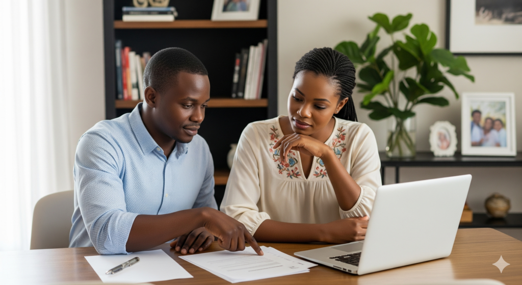 A Zambian couple at a table thoughtfully planning their future by comparing Term vs Whole Life Assurance in Zambia.