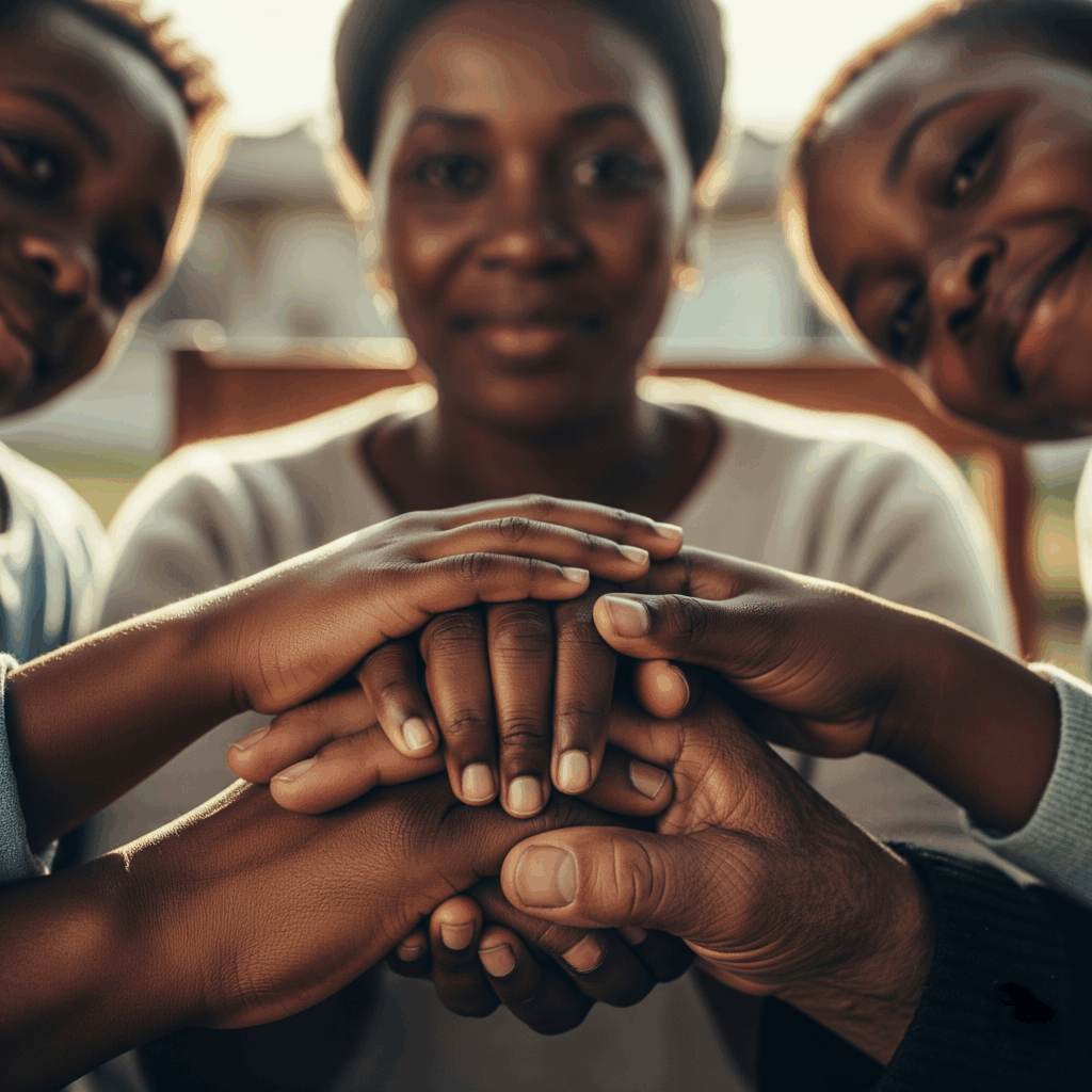hree generations of a Zambian family's hands held together, symbolizing the legacy and financial security provided by Life Assurance in Zambia.