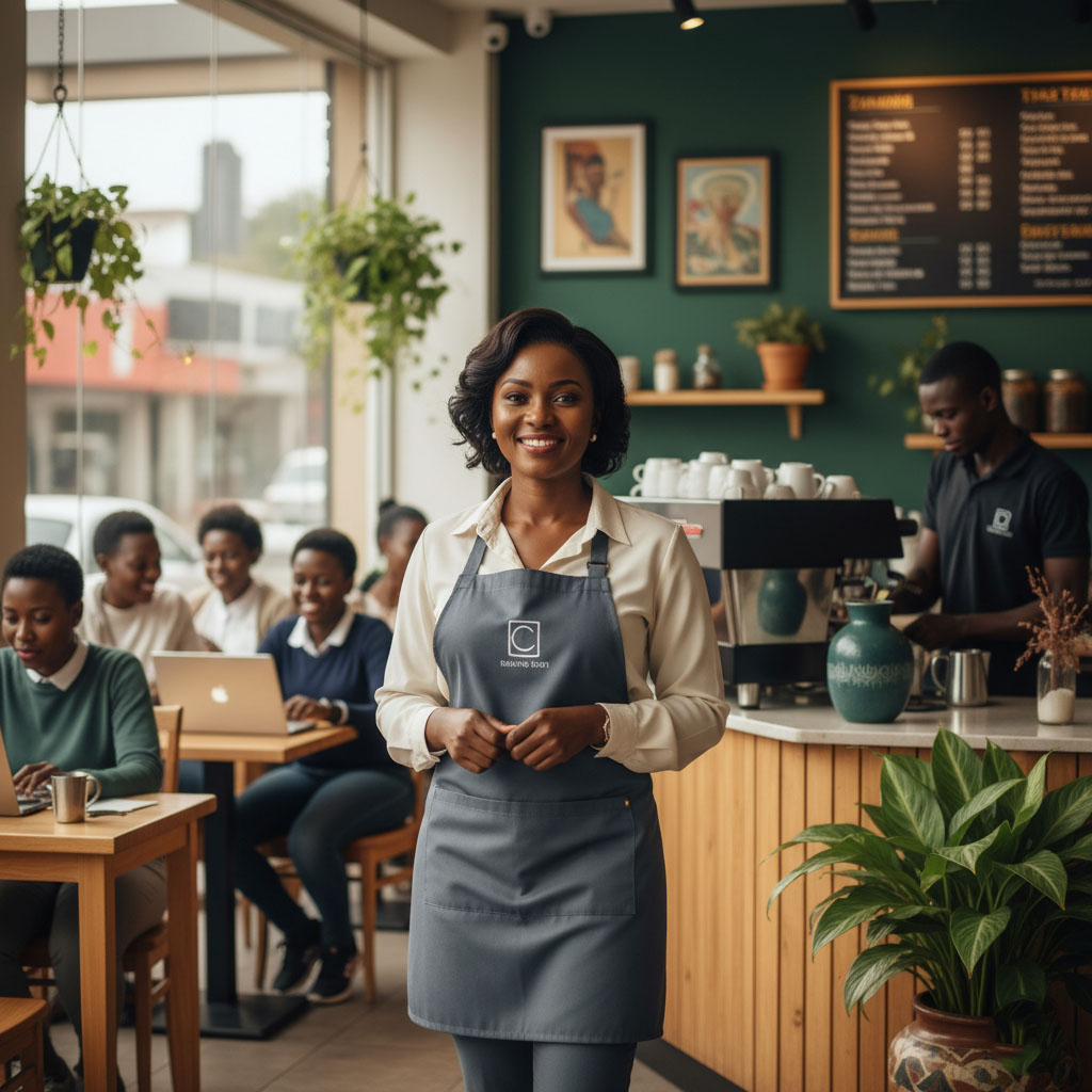 A proud Zambian SME owner in her thriving café, an example of the growth supported by business insurance for SMEs in Zambia.