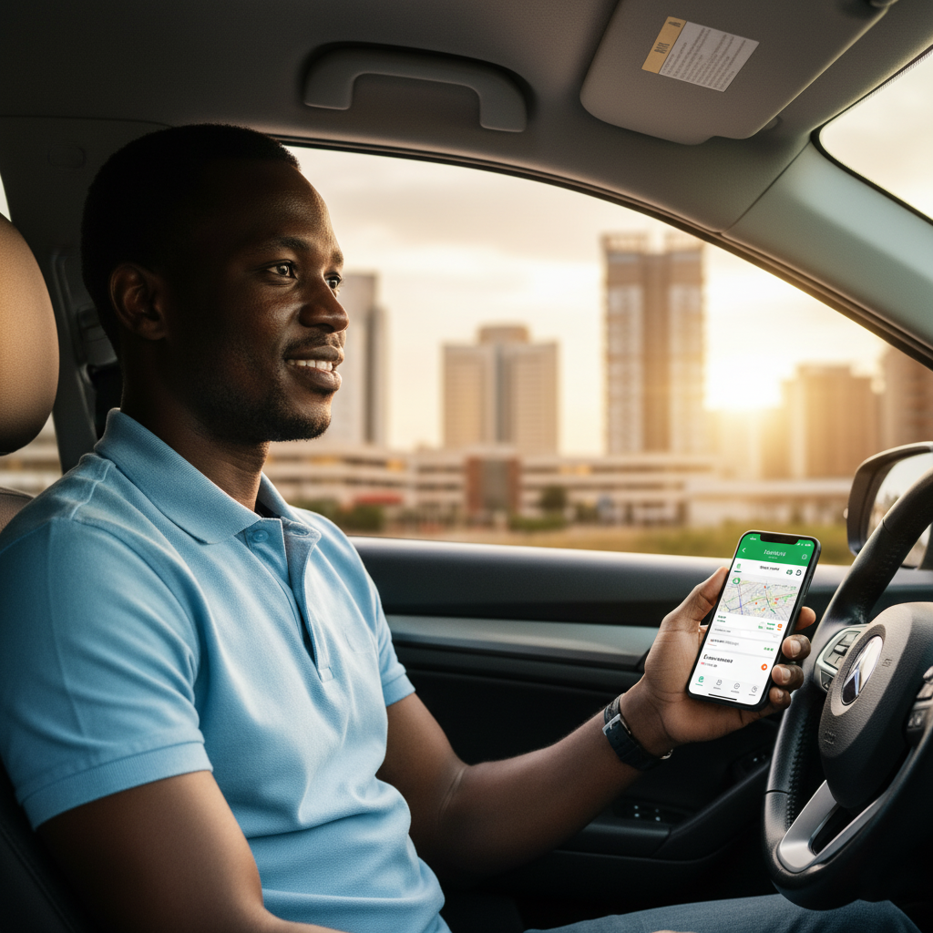 A professional driver using a ride-hailing app in Lusaka, a key client for insurance for professional drivers in Zambia.