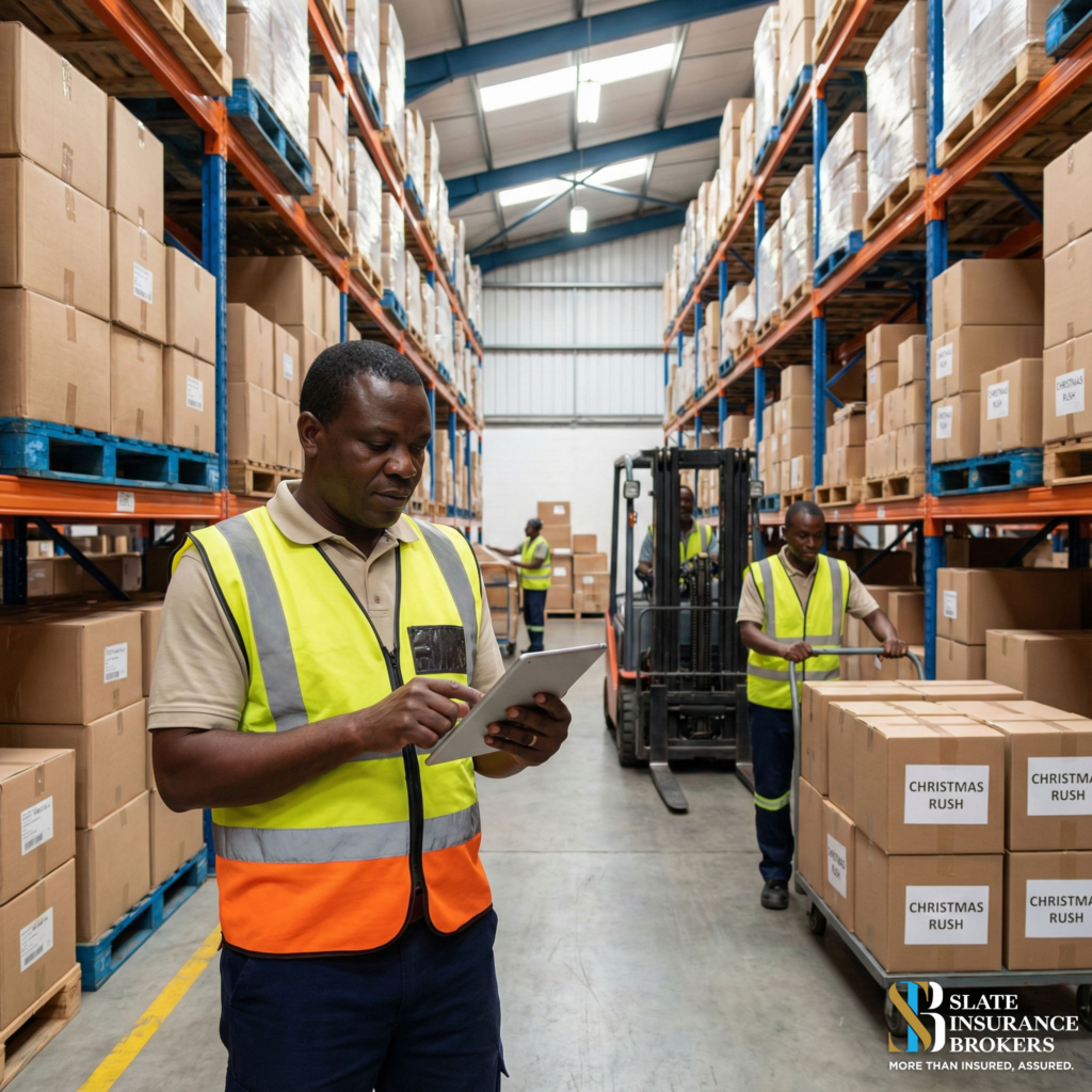 The Business Owner's Guide to Surviving the December Rush 2 A Zambian business owner managing business risks during December in a busy warehouse environment.