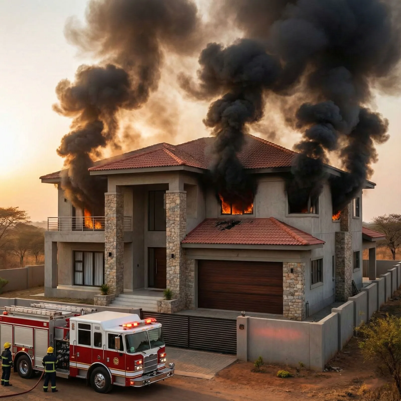 Smoke billowing from a concrete house in Zambia, illustrating why homeowners need fire insurance Zambia.