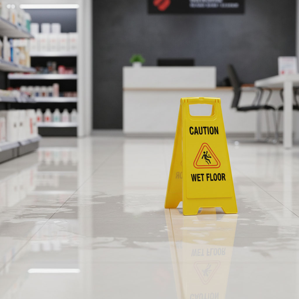 A 'Wet Floor' sign in an office, illustrating the need for public liability insurance Zambia.