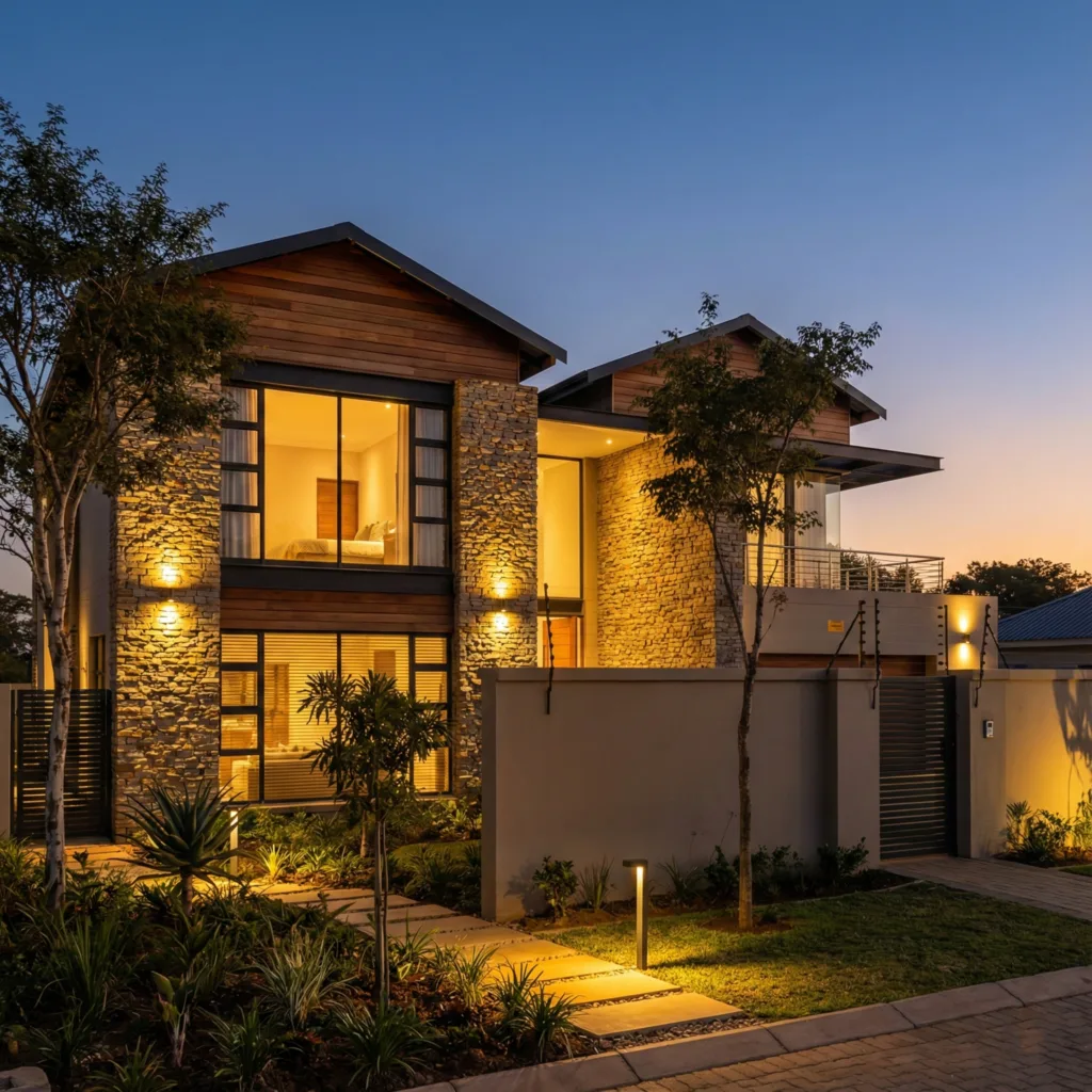 The Ultimate Holiday Home Security Zambia Guide: Protect Your Home While You Travel 1 A secure house with lights on, illustrating effective holiday home security Zambia.