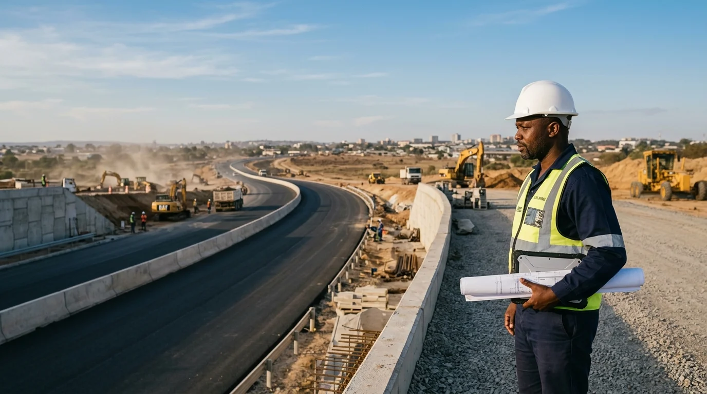Civil project engineer on an active infrastructure construction site in Zambia