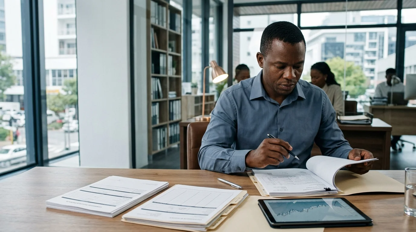Insurance broker reviewing commercial claims documentation and policy schedules at an office desk