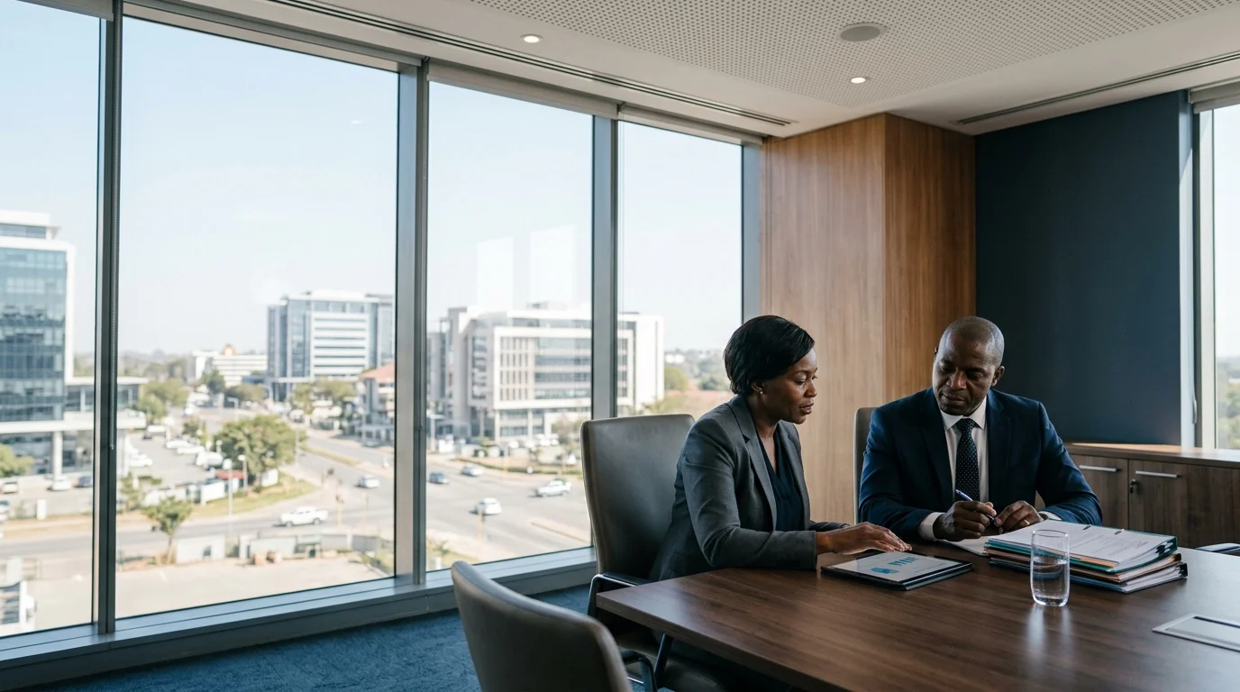 Corporate executives in discussion inside a modern Lusaka commercial boardroom